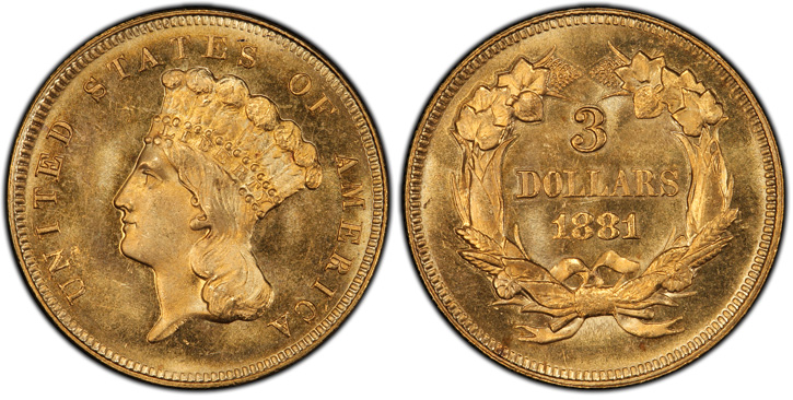 1881 Three-Dollar Gold Piece. MS-66+ (PCGS).